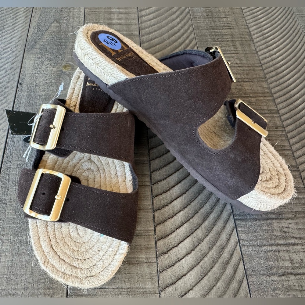 Haute Hippie Dark Brown Suede Buckle Slide Sandals Women’s Size 6.5 (NWOT) - Picture 2 of 12